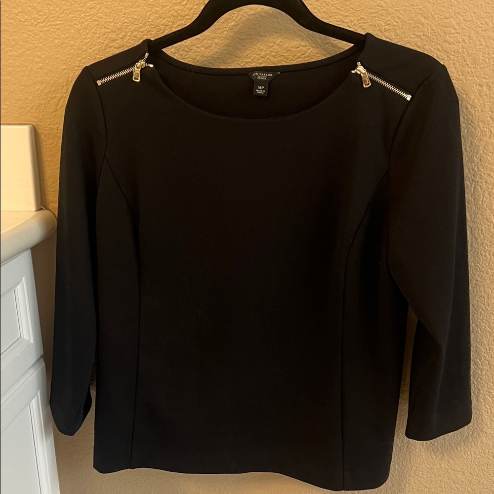 Ann Taylor Black Long-Sleeve Top with Shoulder Zippers